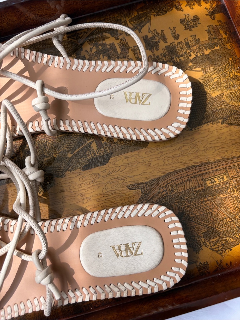 Zara White Lace-Up Leather Wrap Sandals - Picture 2 of 4